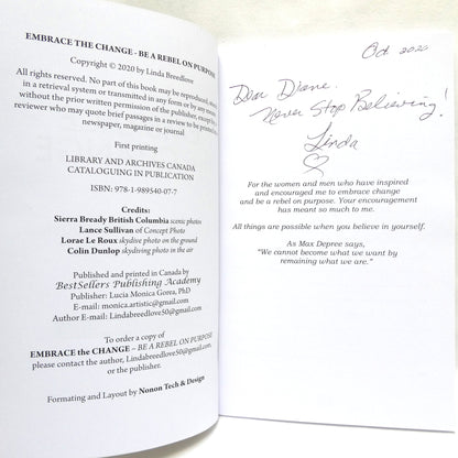 EMBRACE THE CHANGE, Be a Rebel on Purpose, by Linda Breedlove (1st Ed. SIGNED)