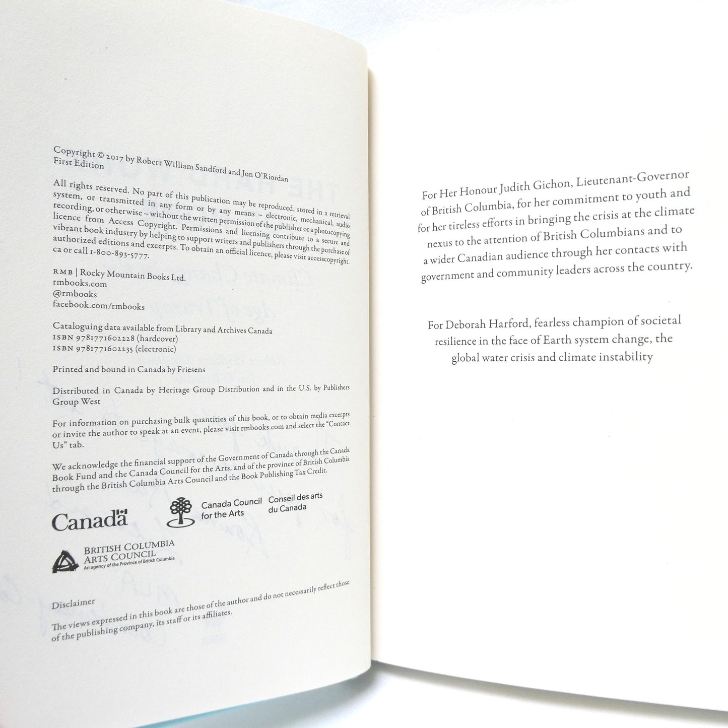 THE HARD WORK OF HOPE, Climate Change in the Age of Trump, by Robert William Sandford and Jon O'Riordan (1st Ed. SIGNED)