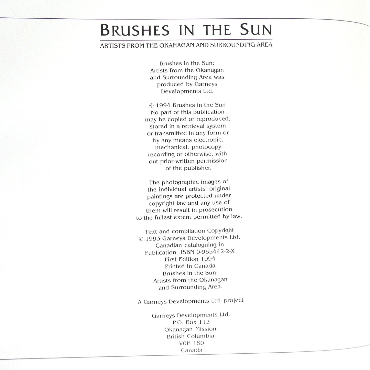 BRUSHES IN THE SUN, The Collector's Edition of Artists From The Okanagan and Surrounding Area (1st Ed. SIGNED)