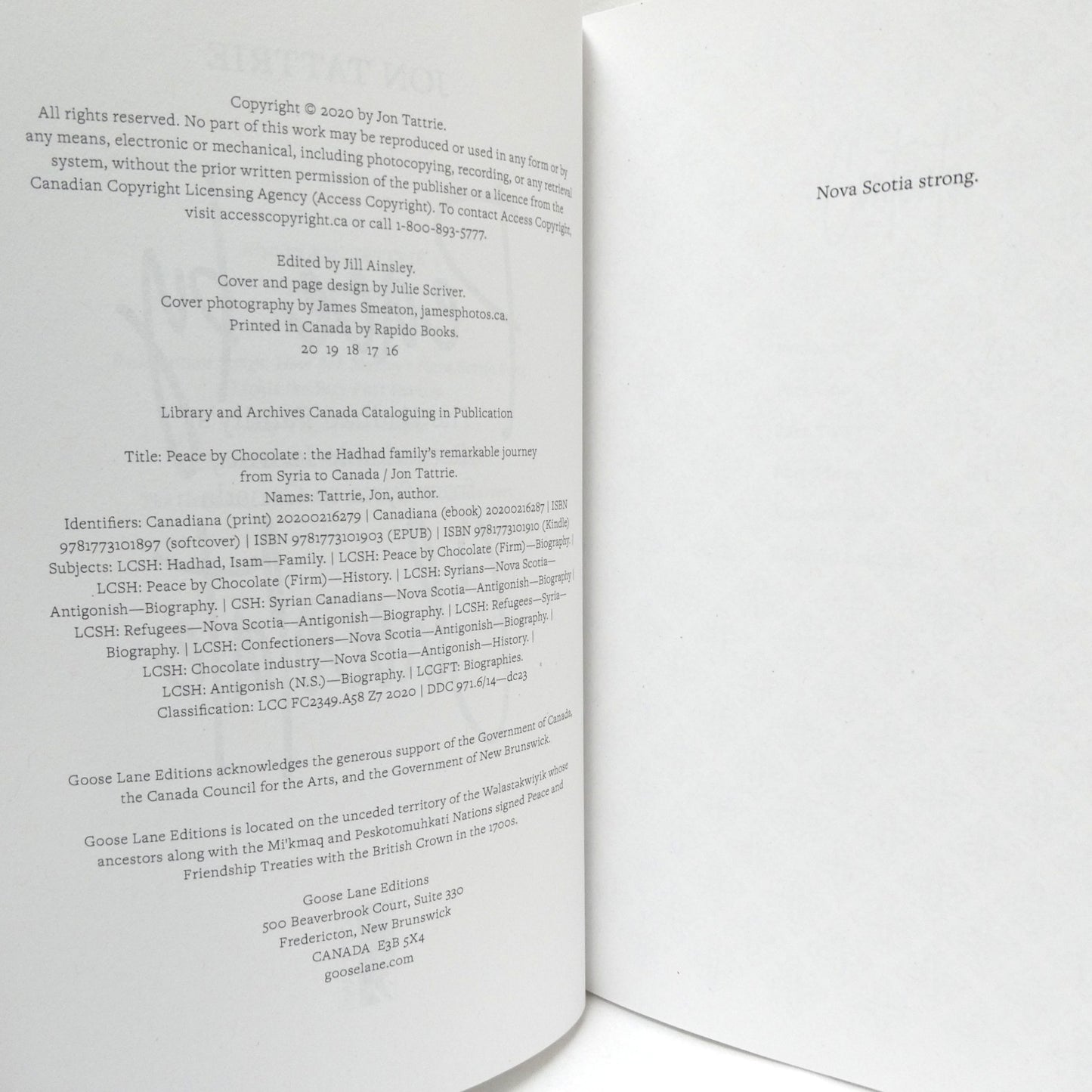 PEACE BY CHOCOLATE, The Hadhad Family's Remarkable Journey from Syria to Canada, by Jon Tattrie (2020 1st Ed.)