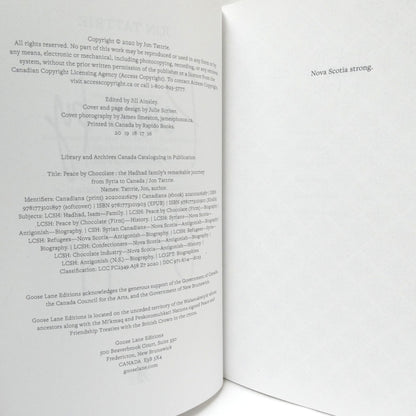 PEACE BY CHOCOLATE, The Hadhad Family's Remarkable Journey from Syria to Canada, by Jon Tattrie (2020 1st Ed.)