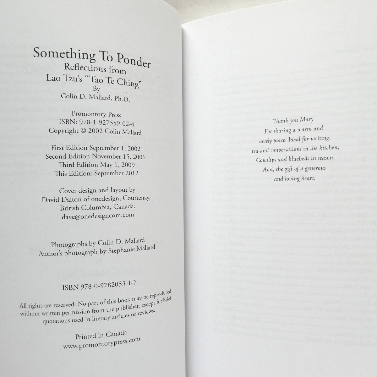SOMETHING TO PONDER, Reflections From Lao Tzu's "Tao Te Ching", by Colin D. Mallard, Ph.D., 2012