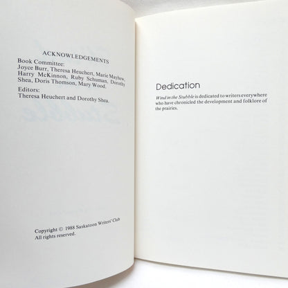 WIND IN THE STUBBLE, 37th Anniversary Collection of Stories by The Saskatoon Writers' Club (1988 1st Ed.)