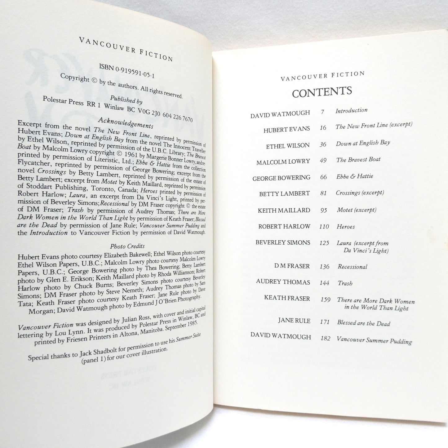 VANCOUVER FICTION, An Outstanding Centennial Collection by Vancouver's World-Class Writers, Edited by David Watmough (1985 1st Ed.)