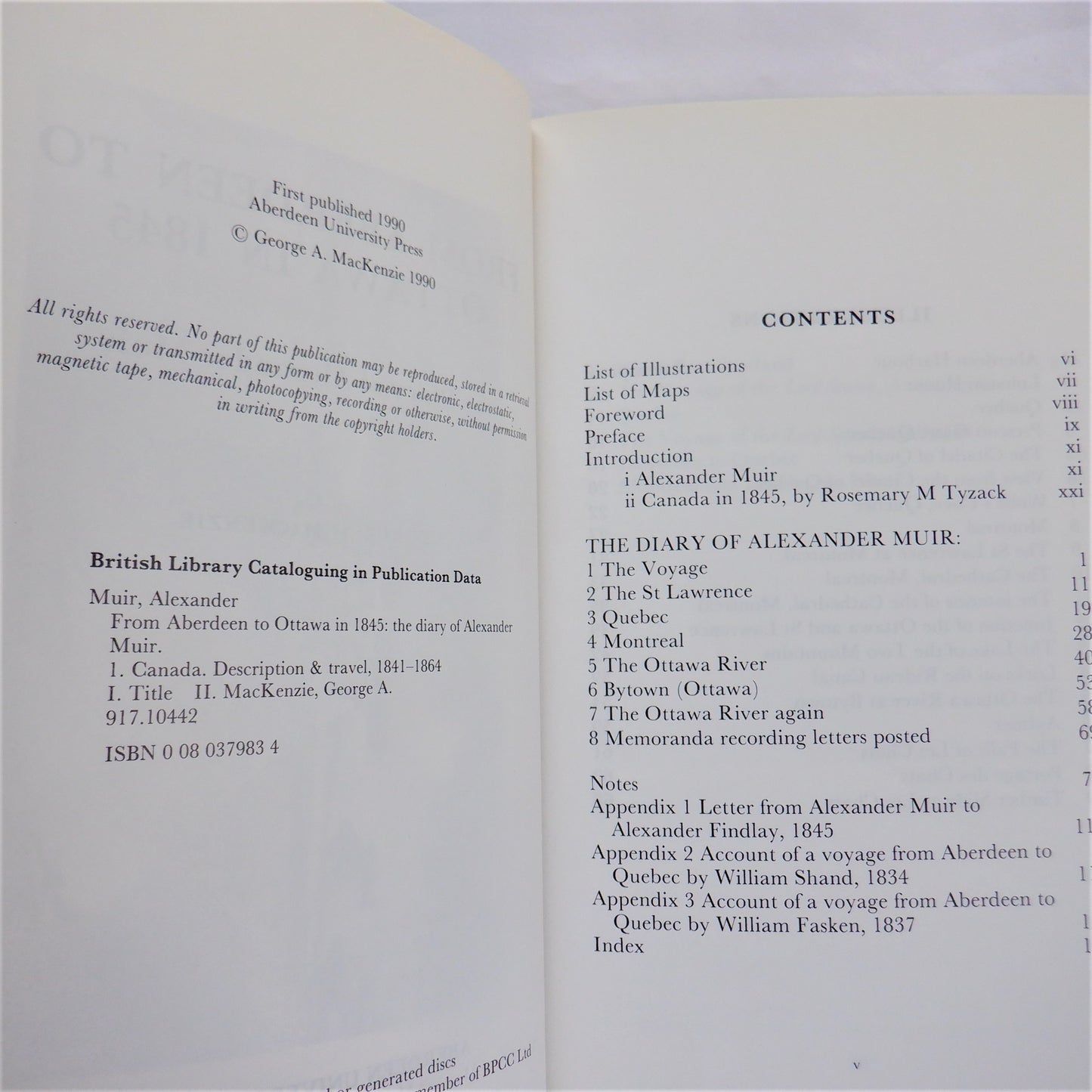 FROM ABERDEEN TO OTTAWA in 1845: The Diary of Alexander Muir (1990 1st Ed.)