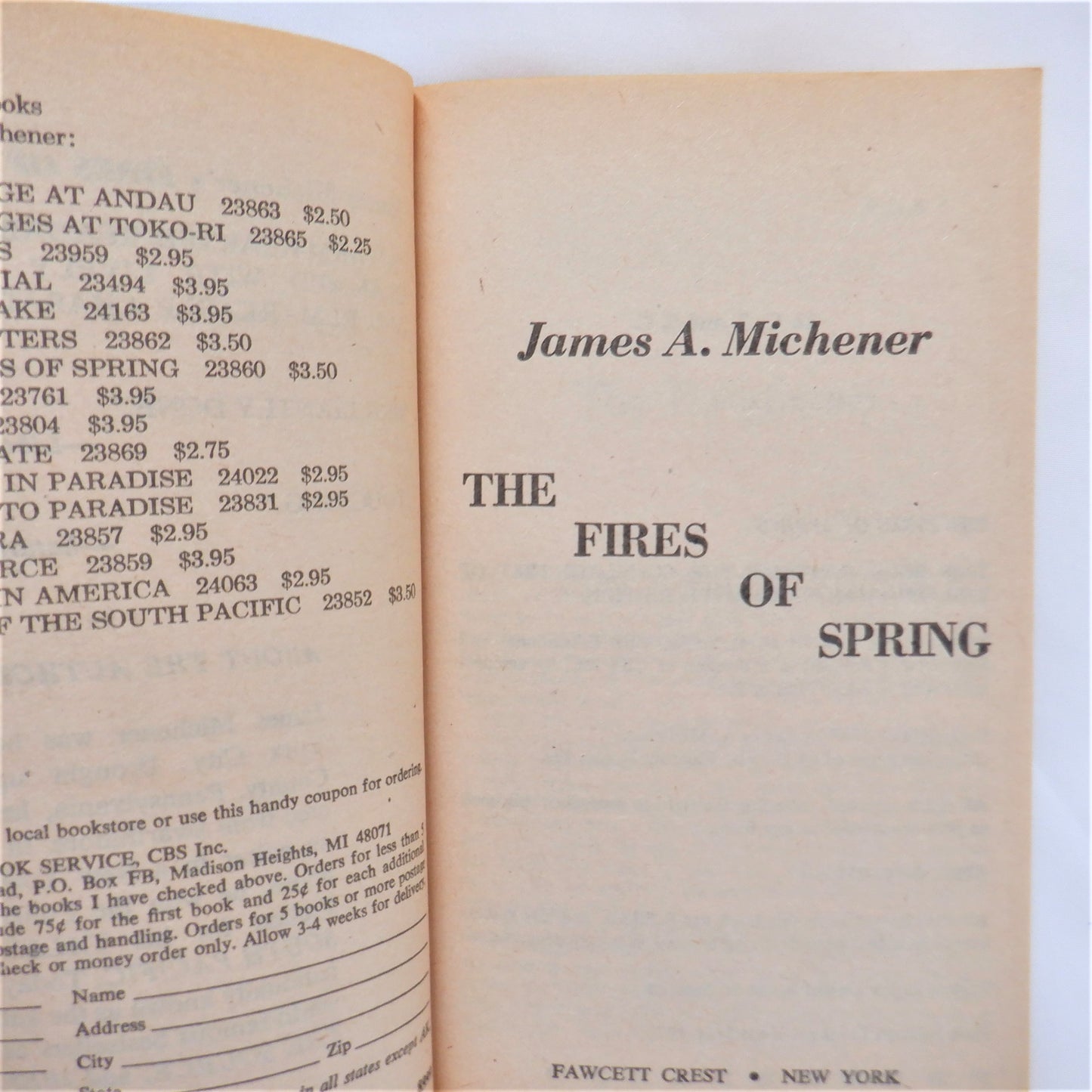 THE FIRES OF SPRING, A Novel by James A. Michener, 1976