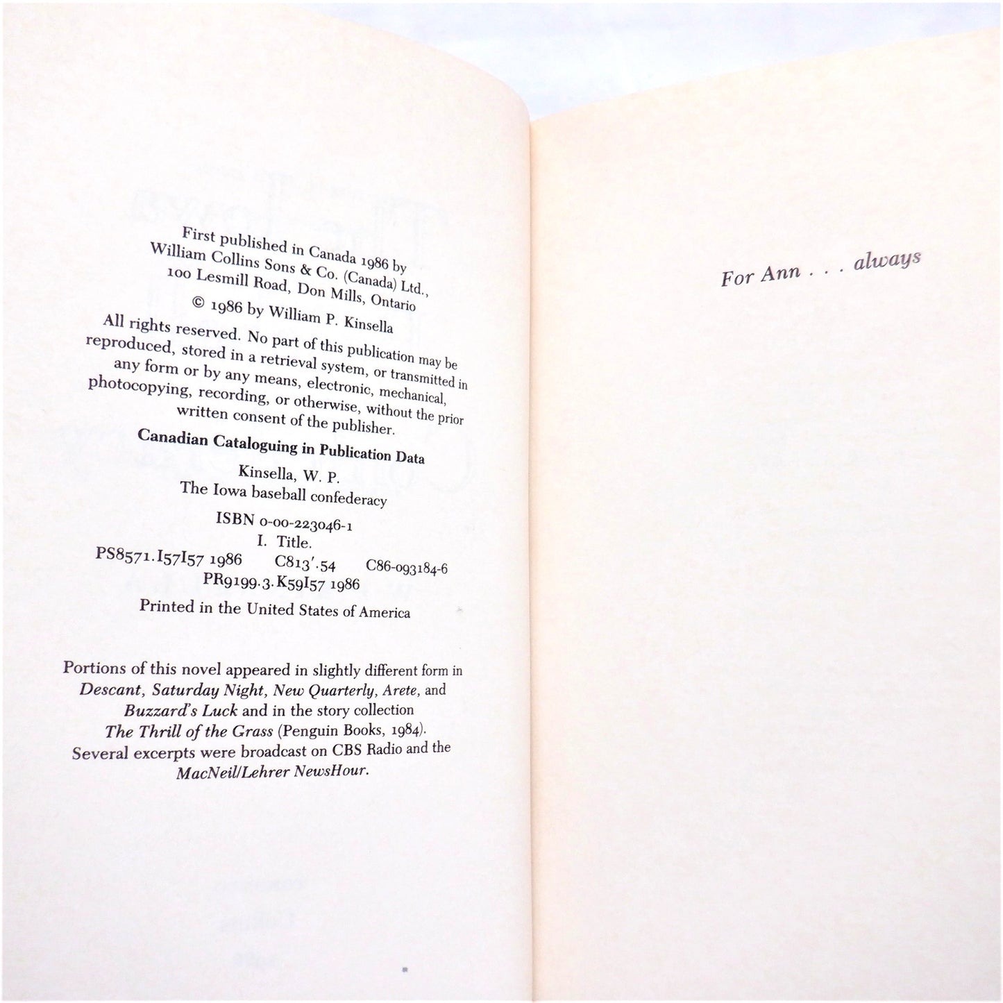 THE IOWA BASEBALL CONFEDERACY, by W.P. Kinsella (1986 1st Ed.)