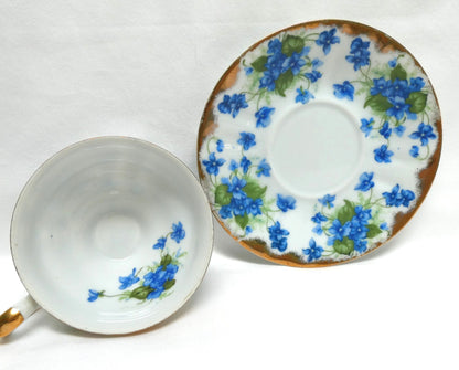 VINTAGE TEA CUP & SAUCER: Hand-Painted Blue Violet Theme by Castle China of Japan