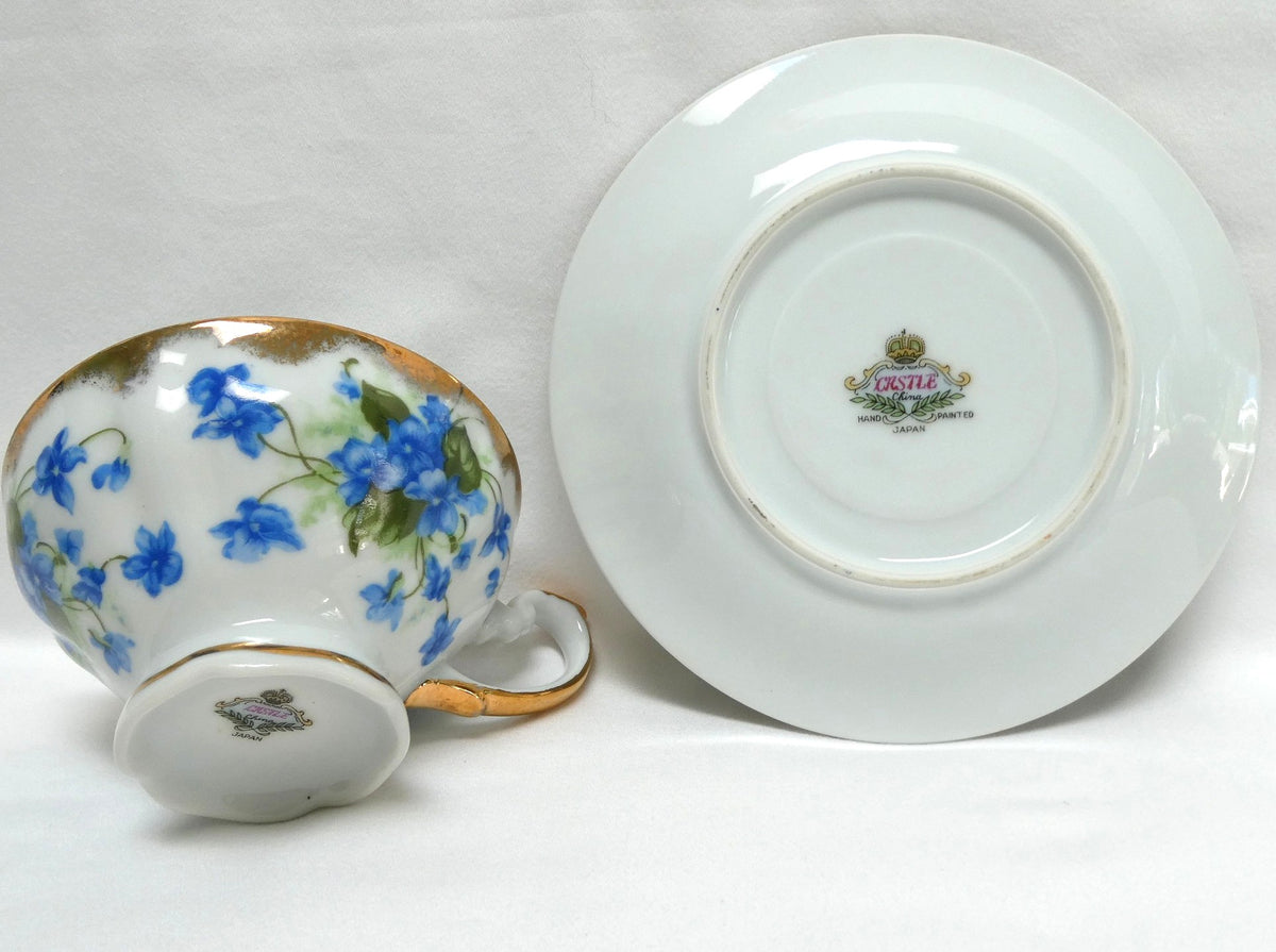 VINTAGE TEA CUP & SAUCER: Hand-Painted Blue Violet Theme by Castle China of Japan