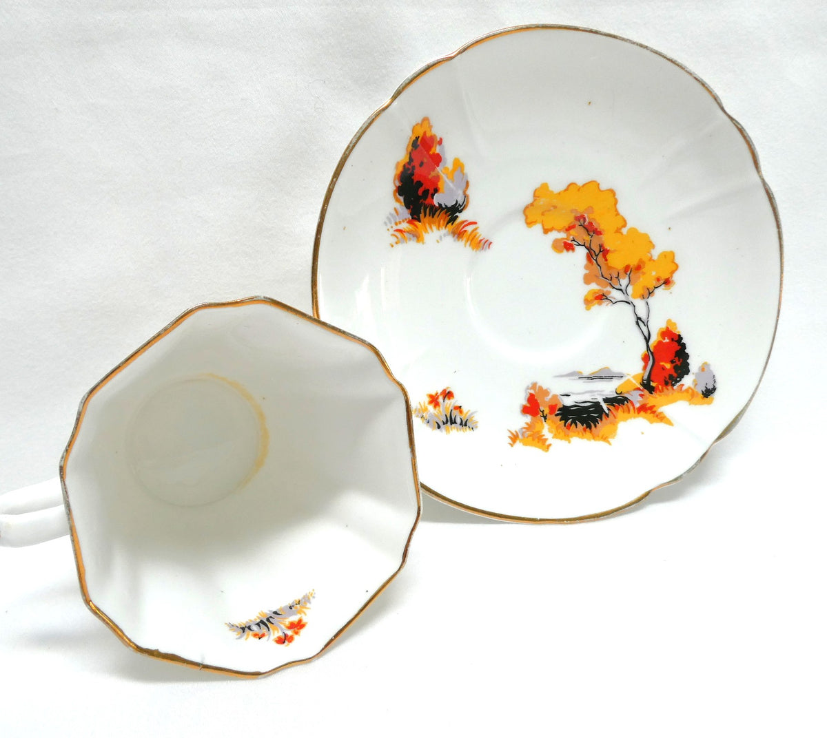 VINTAGE TEA CUP & SAUCER: Hand-Painted River Scene Theme by Melba Bone China of England