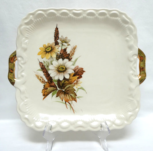Vintage Ceramic SANDWICH TRAY OR CAKE PLATTER, with Gold Decorated Handles and Autumn-Inspired Floral Motif