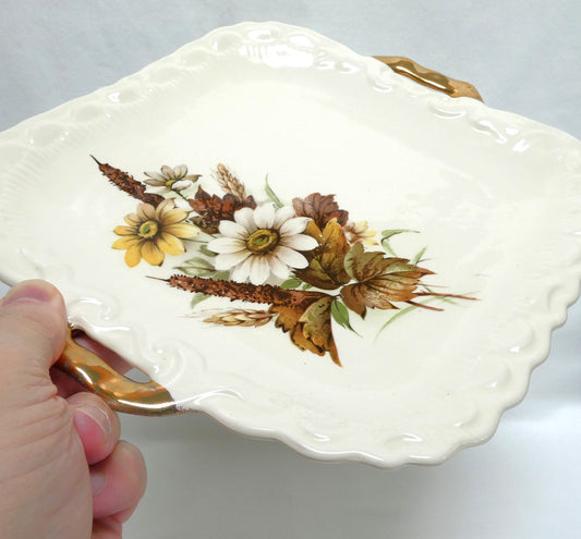 Vintage Ceramic SANDWICH TRAY OR CAKE PLATTER, with Gold Decorated Handles and Autumn-Inspired Floral Motif