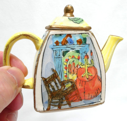 Mid Century Van Gogh Inspired Hand-Painted Hand-Coloured MINIATURE TEA POT with Lid