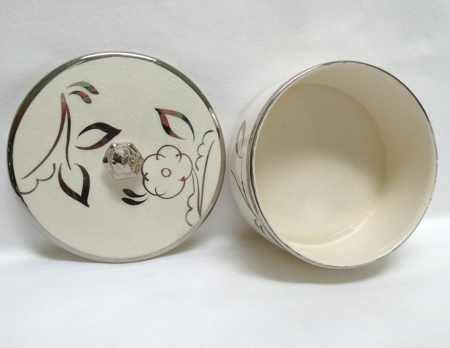 Sandland Silver Lusterware LARGE ROUND TRINKET TRAY and Matching Cover, by Sandland Ware of England (Copy)