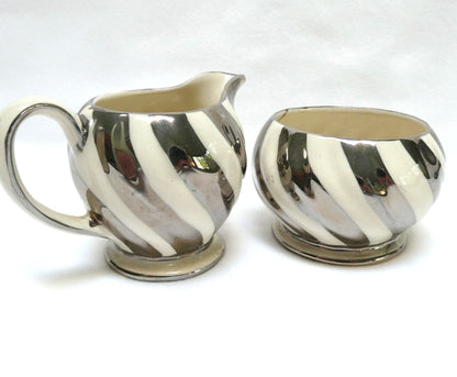 VINTAGE CREAMER and OPEN SUGAR BOWL, by Sadler Lusterware Silver Pearl White Swirl