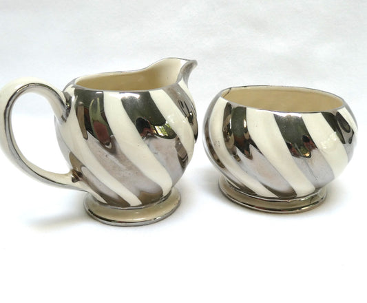 VINTAGE CREAMER and OPEN SUGAR BOWL, by Sadler Lusterware Silver Pearl White Swirl