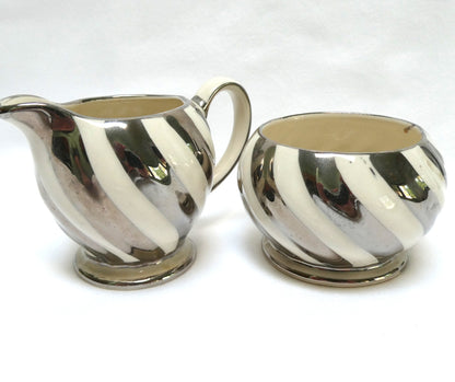 VINTAGE CREAMER and OPEN SUGAR BOWL, by Sadler Lusterware Silver Pearl White Swirl