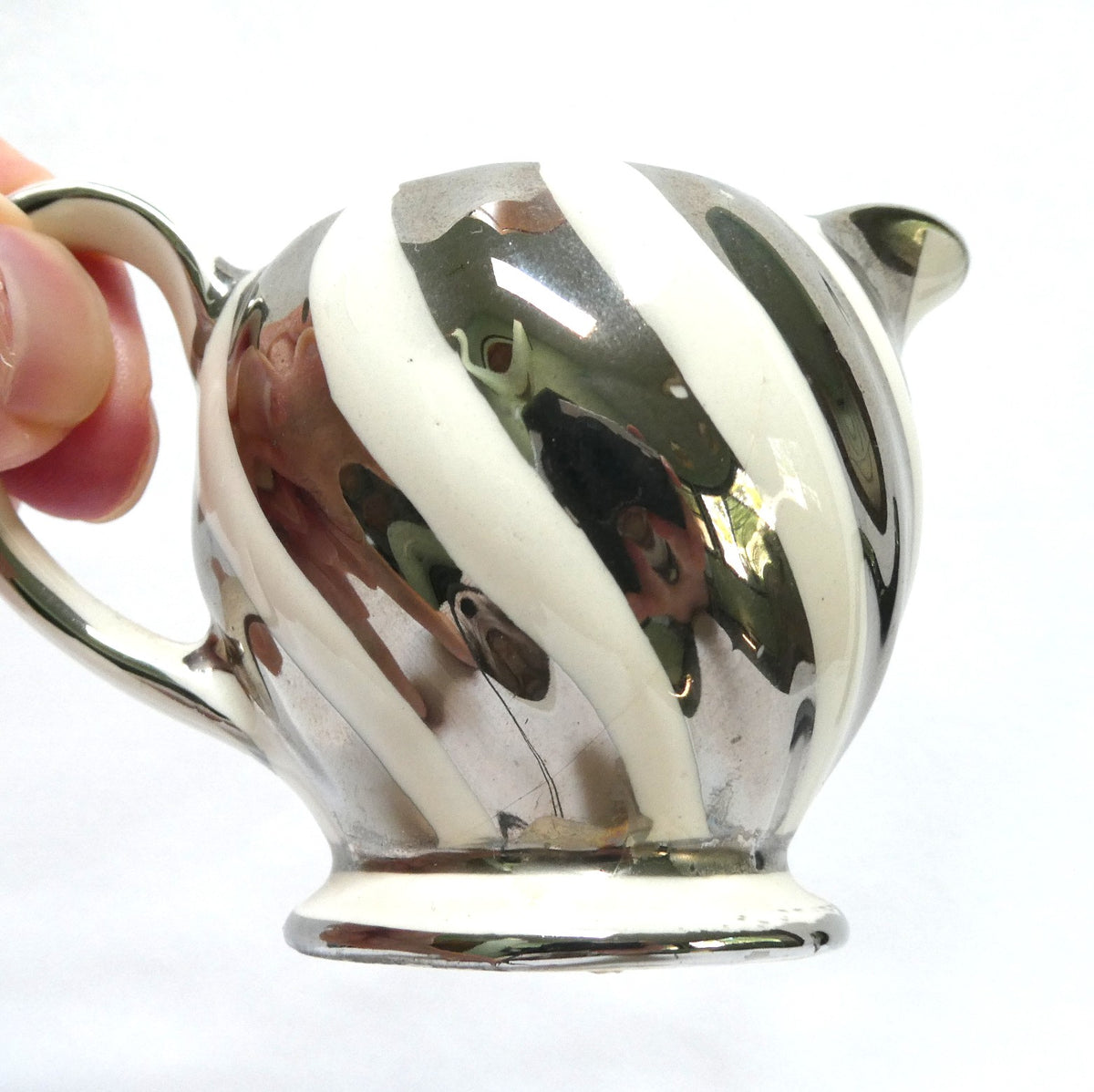 VINTAGE CREAMER and OPEN SUGAR BOWL, by Sadler Lusterware Silver Pearl White Swirl