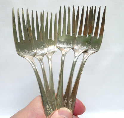 Silver Plated DESSERT or SALAD FORKS WITH CUTTING TINES: Set of Six Adam Pattern by Community Oneida