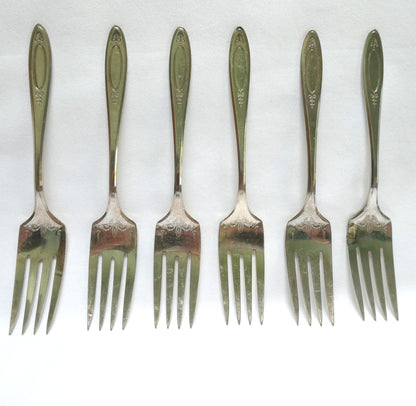 Silver Plated DESSERT or SALAD FORKS WITH CUTTING TINES: Set of Six Adam Pattern by Community Oneida