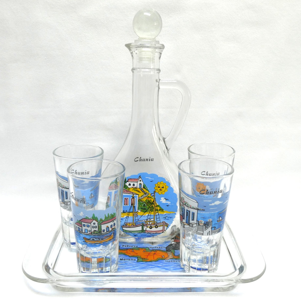 Greek Souvenir Glass Decanter, Four Shot Glasses, and Matching Serving Tray, All Hand-Made from Chania, Greece!