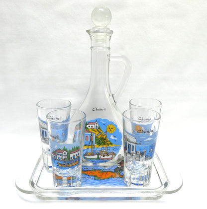 Greek Souvenir Glass Decanter, Four Shot Glasses, and Matching Serving Tray, All Hand-Made from Chania, Greece!