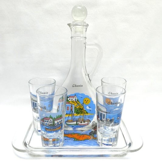 Greek Souvenir Glass Decanter, Four Shot Glasses, and Matching Serving Tray, All Hand-Made from Chania, Greece!