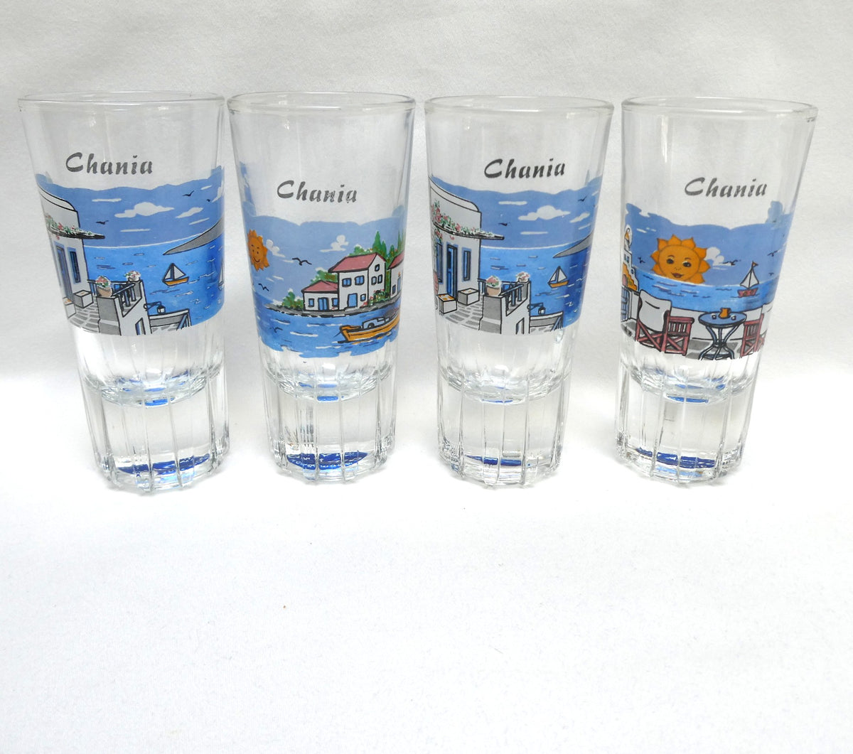 Greek Souvenir Glass Decanter, Four Shot Glasses, and Matching Serving Tray, All Hand-Made from Chania, Greece!