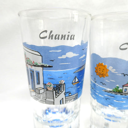 Greek Souvenir Glass Decanter, Four Shot Glasses, and Matching Serving Tray, All Hand-Made from Chania, Greece!