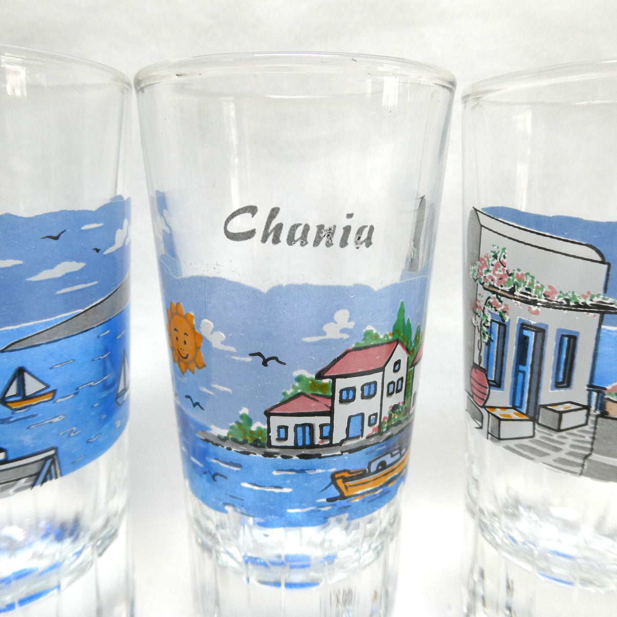 Greek Souvenir Glass Decanter, Four Shot Glasses, and Matching Serving Tray, All Hand-Made from Chania, Greece!