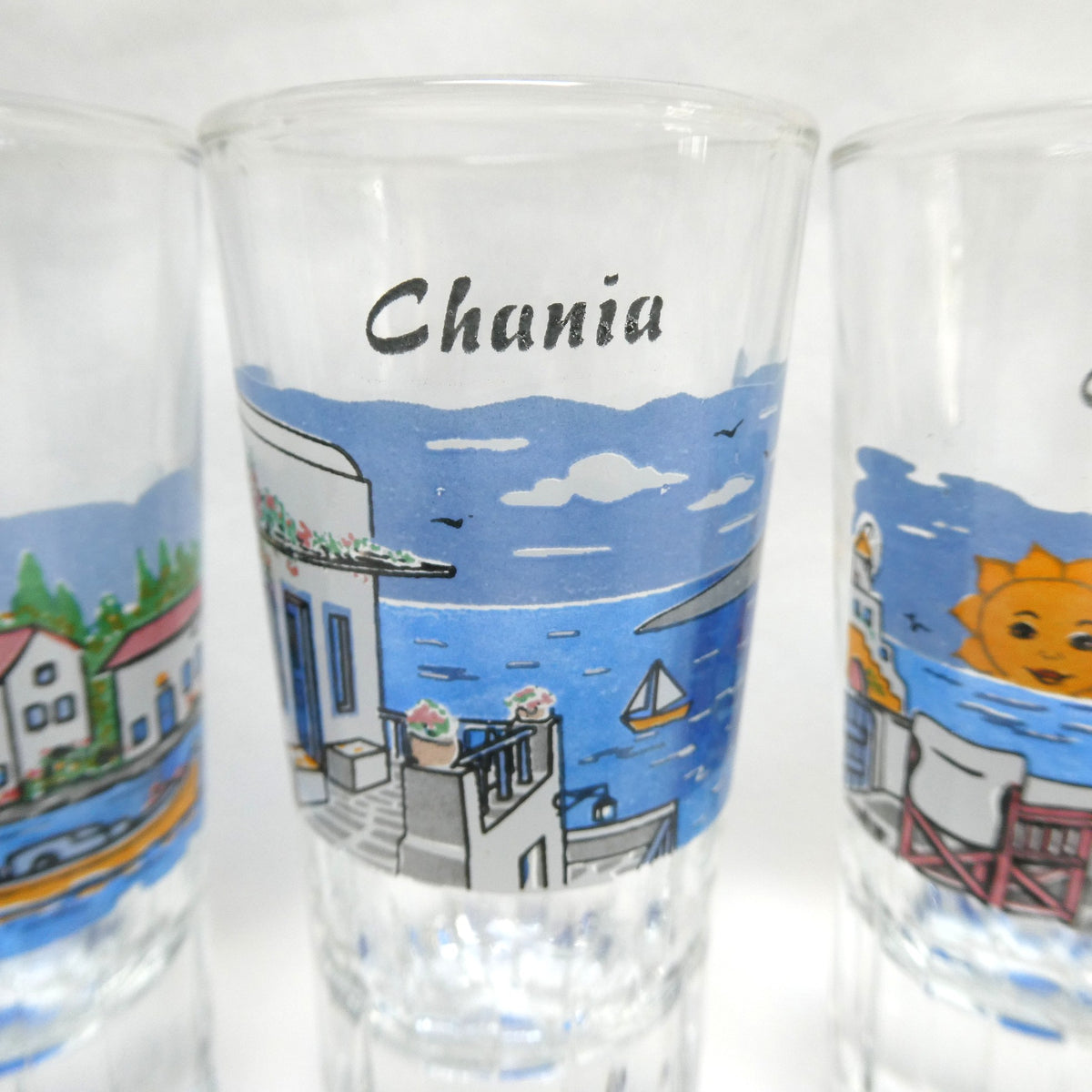 Greek Souvenir Glass Decanter, Four Shot Glasses, and Matching Serving Tray, All Hand-Made from Chania, Greece!