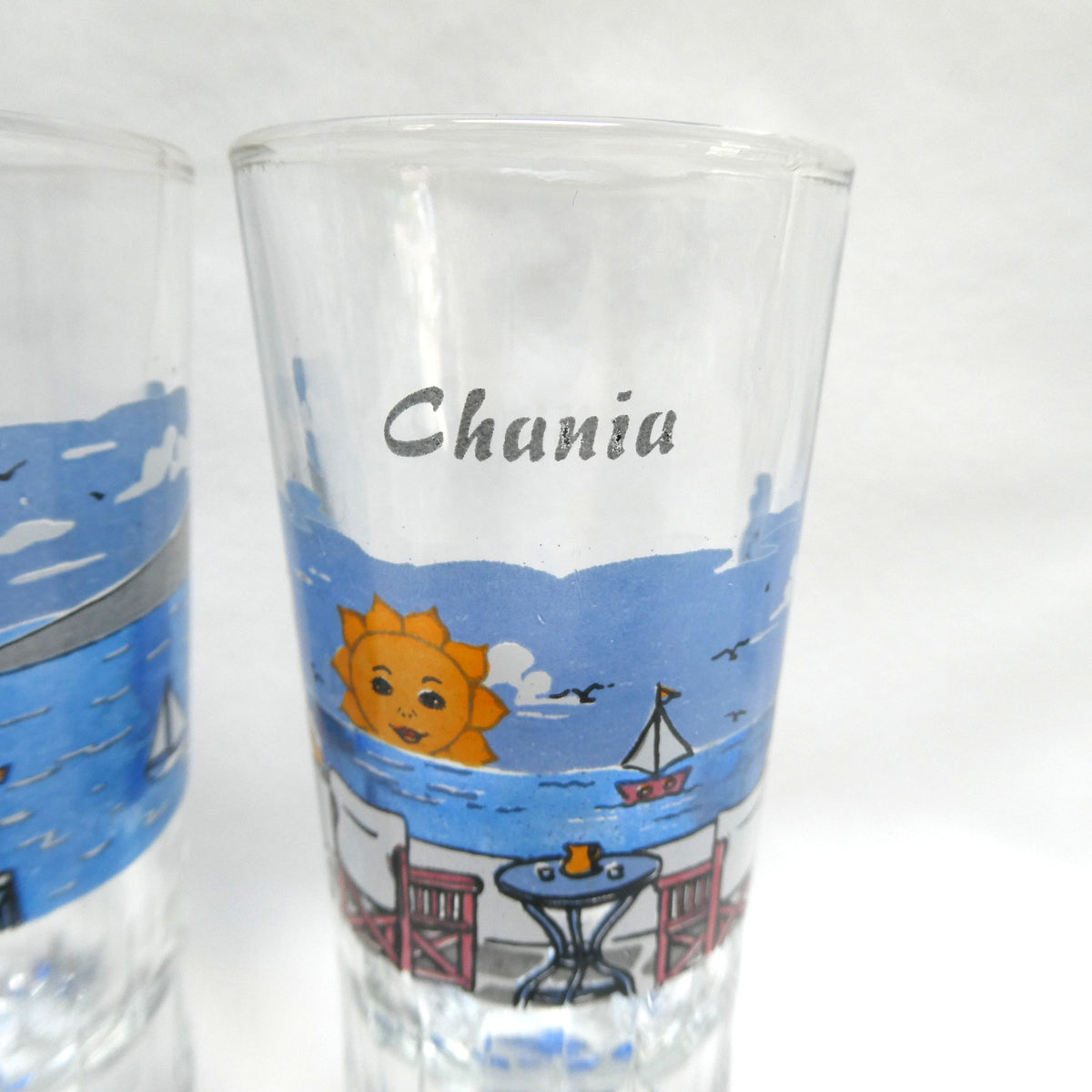 Greek Souvenir Glass Decanter, Four Shot Glasses, and Matching Serving Tray, All Hand-Made from Chania, Greece!