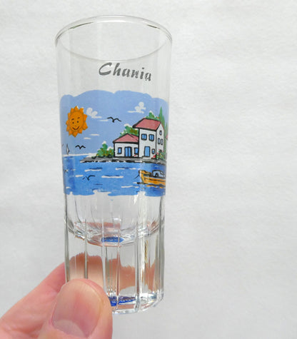 Greek Souvenir Glass Decanter, Four Shot Glasses, and Matching Serving Tray, All Hand-Made from Chania, Greece!