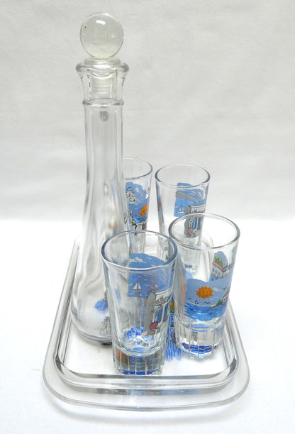 Greek Souvenir Glass Decanter, Four Shot Glasses, and Matching Serving Tray, All Hand-Made from Chania, Greece!