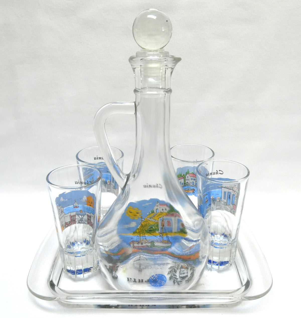 Greek Souvenir Glass Decanter, Four Shot Glasses, and Matching Serving Tray, All Hand-Made from Chania, Greece!