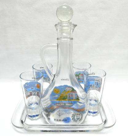 Greek Souvenir Glass Decanter, Four Shot Glasses, and Matching Serving Tray, All Hand-Made from Chania, Greece!