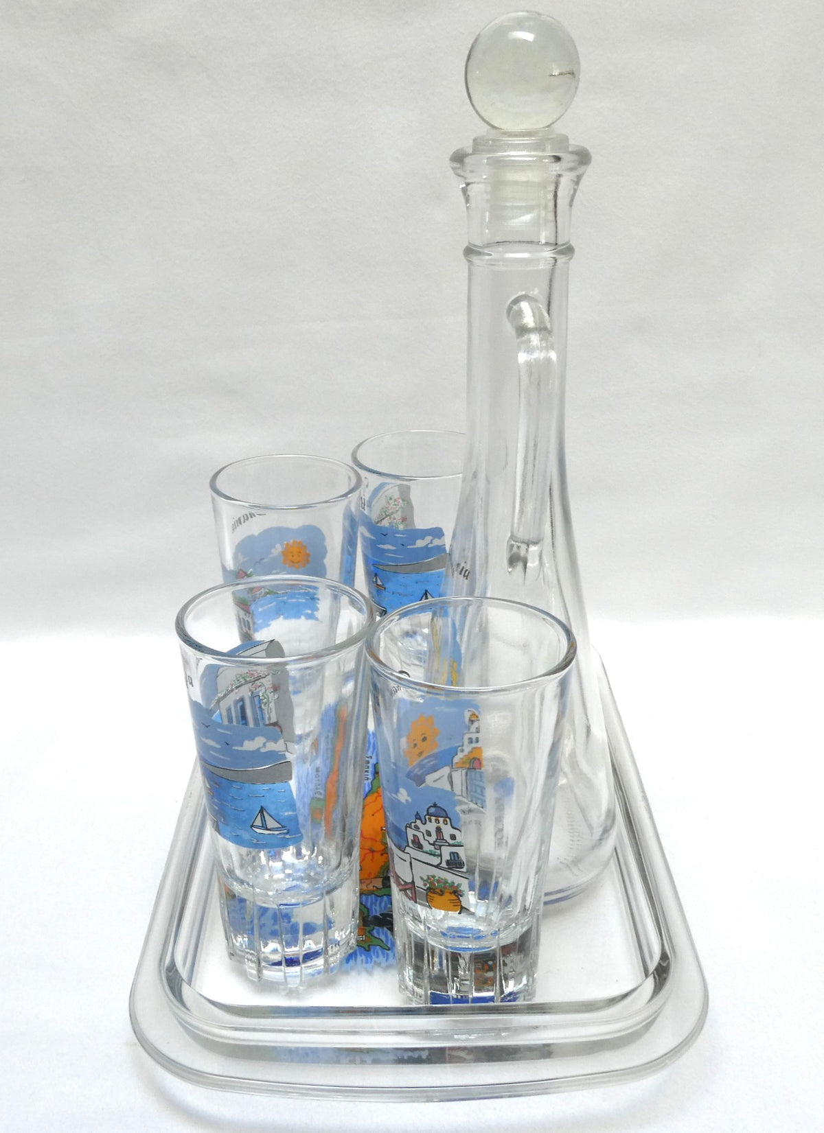 Greek Souvenir Glass Decanter, Four Shot Glasses, and Matching Serving Tray, All Hand-Made from Chania, Greece!