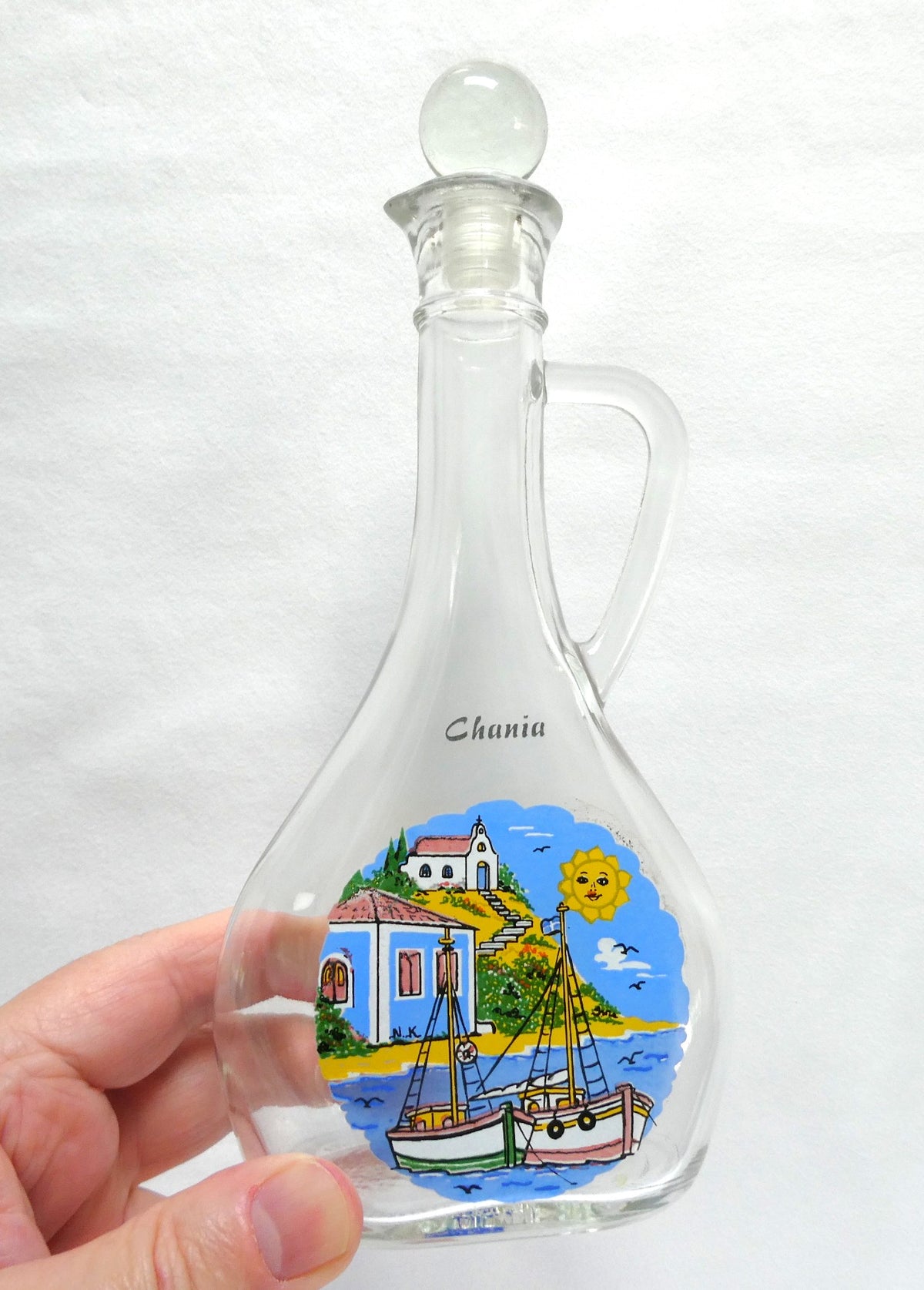 Greek Souvenir Glass Decanter, Four Shot Glasses, and Matching Serving Tray, All Hand-Made from Chania, Greece!