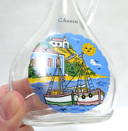 Greek Souvenir Glass Decanter, Four Shot Glasses, and Matching Serving Tray, All Hand-Made from Chania, Greece!