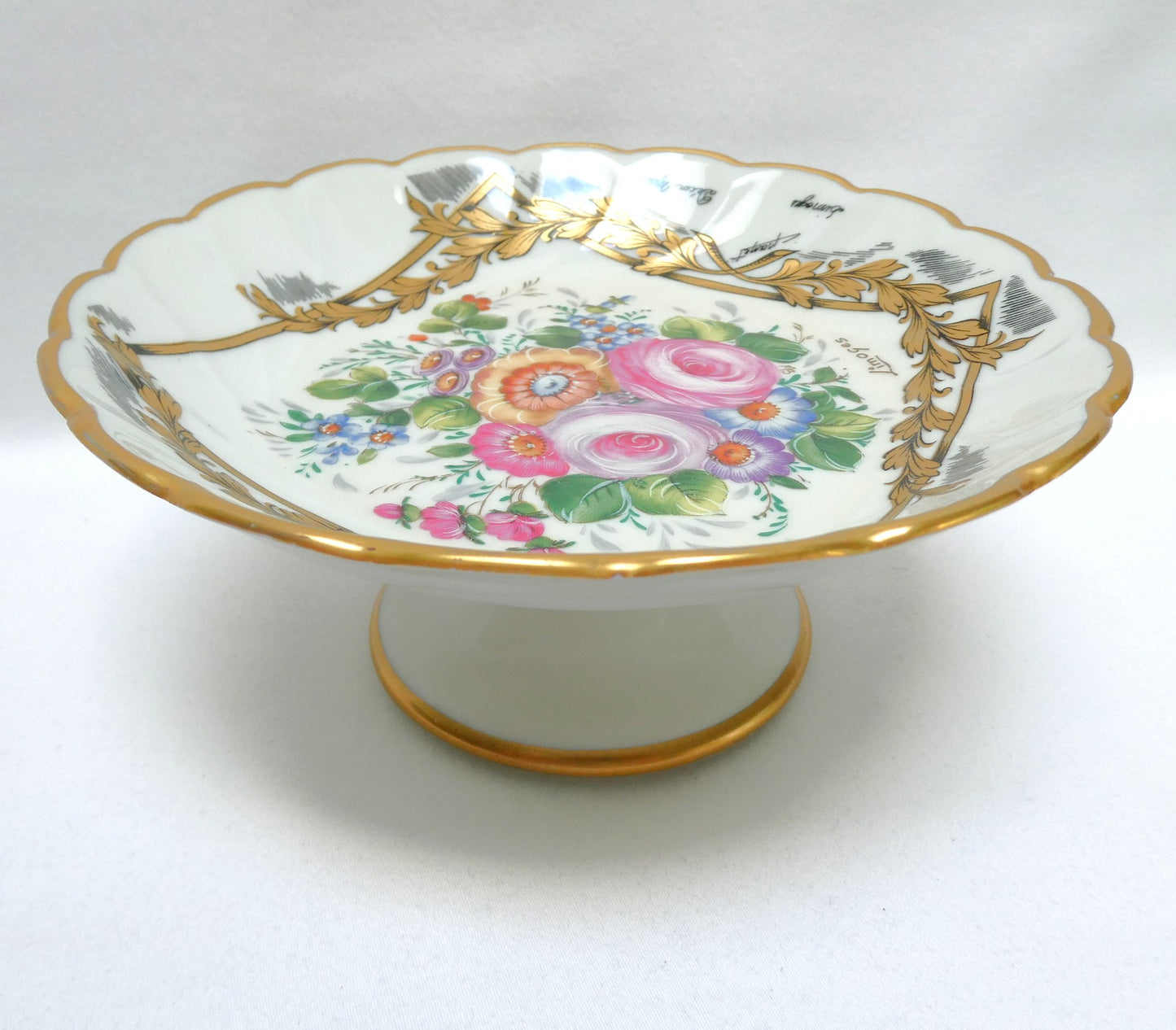 Vintage Gold-Gilded Floral Porcelain Centerpiece Pedestal Bowl, by LIMOGES of France