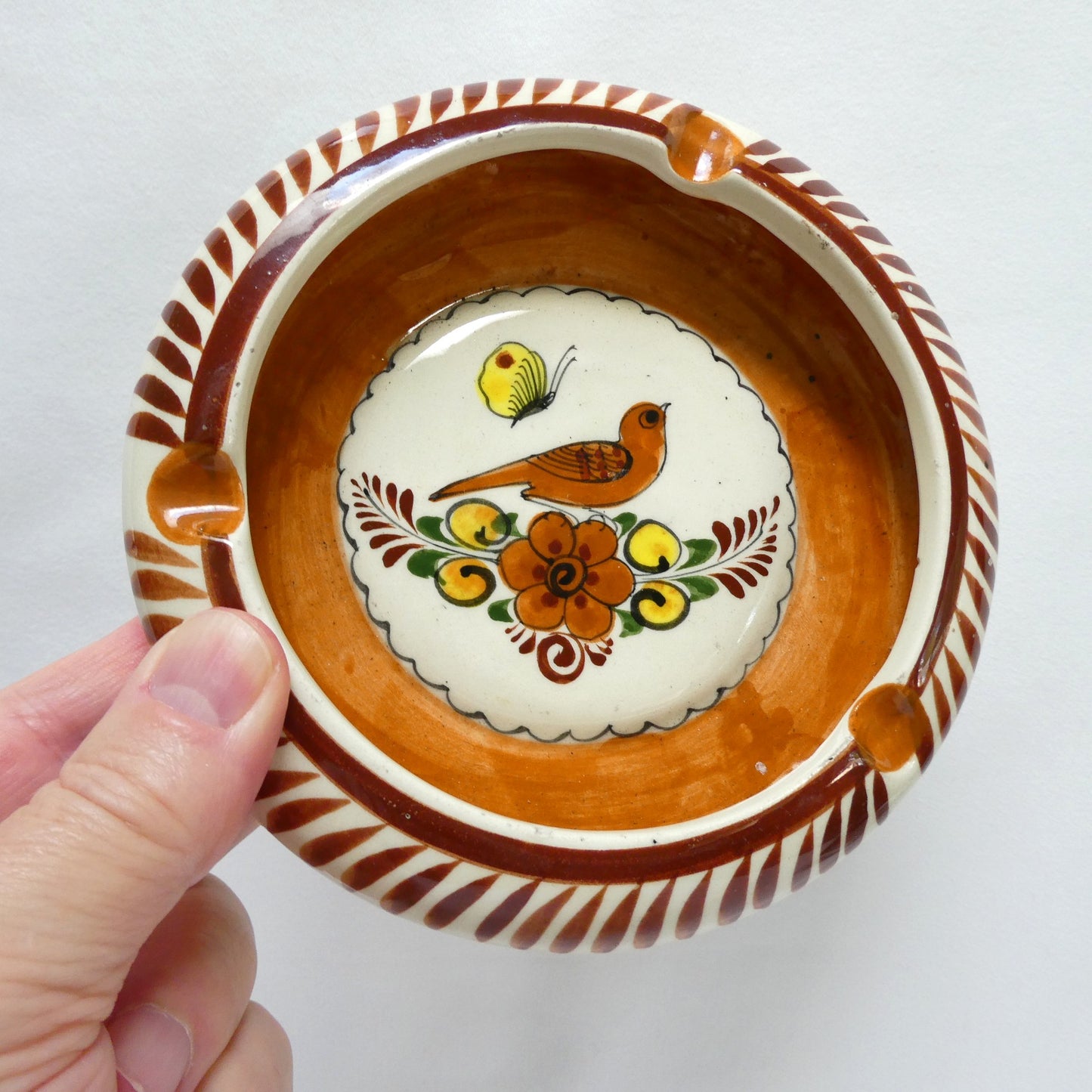 Vintage Hand-Painted Mexican Tonalá Pottery Ashtray in Earth Colours with Bird and Flowers