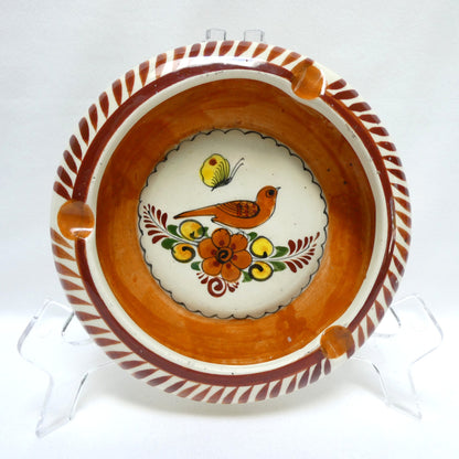 Vintage Hand-Painted Mexican Tonalá Pottery Ashtray in Earth Colours with Bird and Flowers