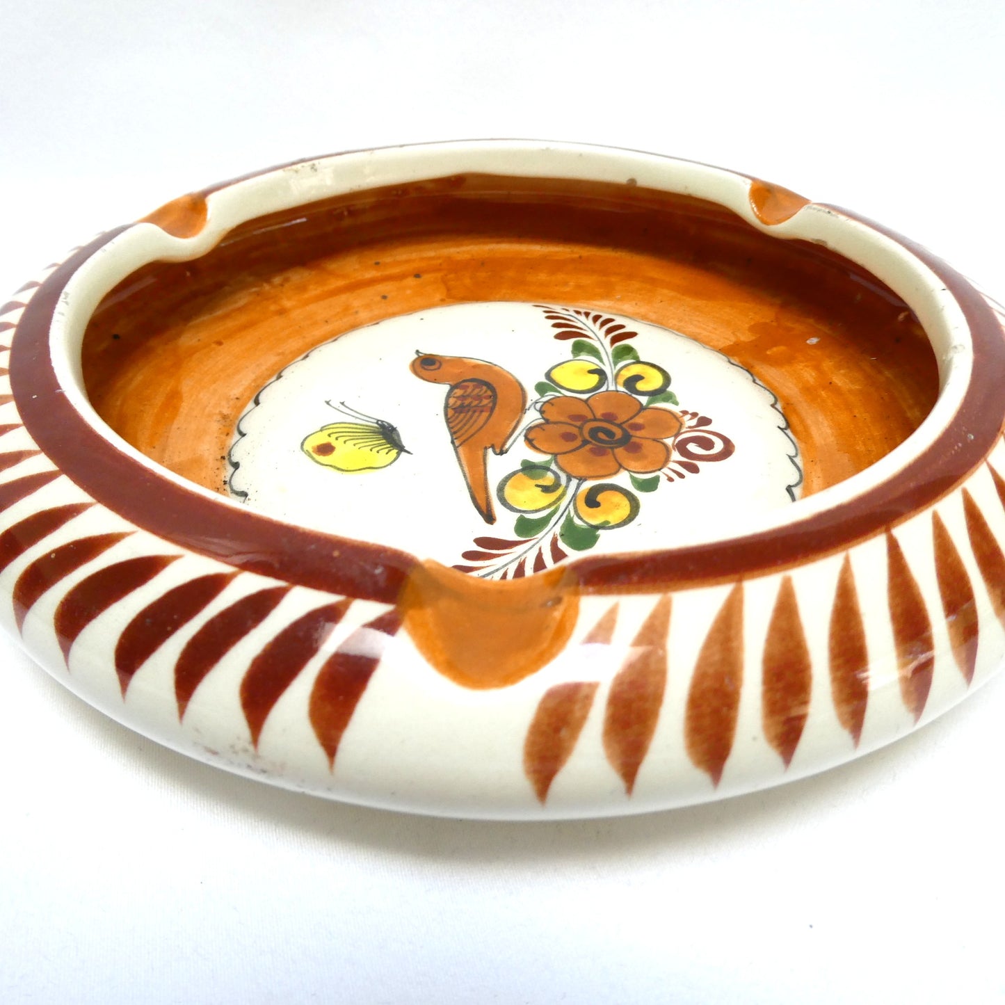 Vintage Hand-Painted Mexican Tonalá Pottery Ashtray in Earth Colours with Bird and Flowers