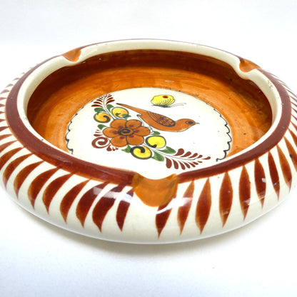 Vintage Hand-Painted Mexican Tonalá Pottery Ashtray in Earth Colours with Bird and Flowers