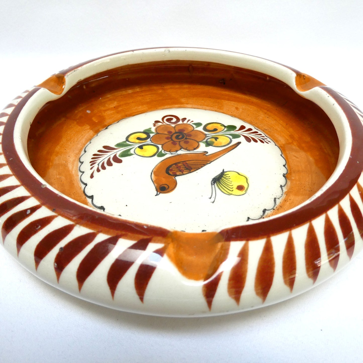 Vintage Hand-Painted Mexican Tonalá Pottery Ashtray in Earth Colours with Bird and Flowers