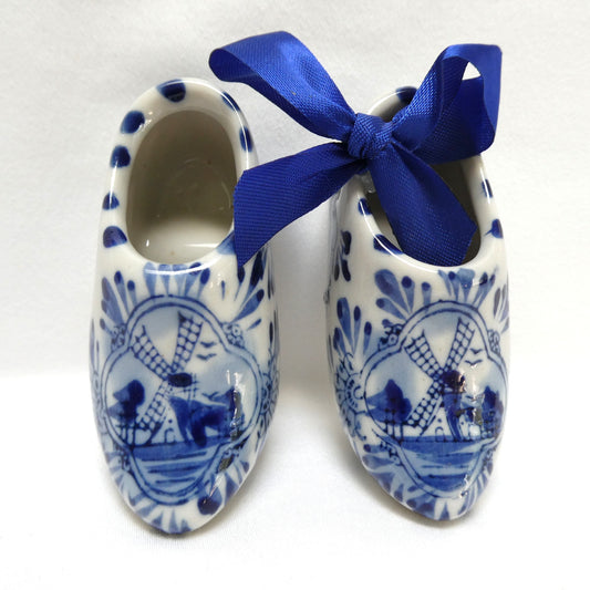 Vintage 3-Inch Pair of Ceramic Dutch Clogs by Delft of Holland, with Single Blue Ribbon