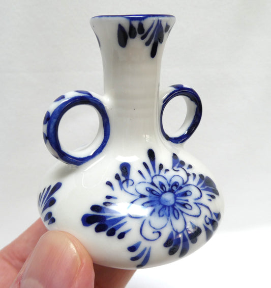 Vintage Delft Blue Hand Painted TWO-HANDLED MINIATURE VASE with Windmill & Flower Motif