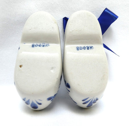 Vintage 3-Inch Pair of Ceramic Dutch Clogs by Delft of Holland, with Single Blue Ribbon