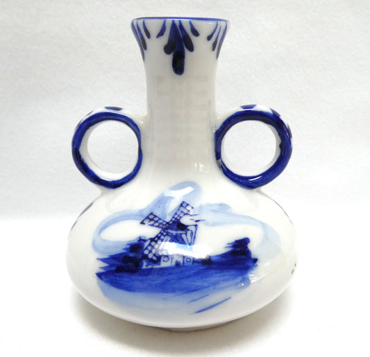 Vintage Delft Blue Hand Painted TWO-HANDLED MINIATURE VASE with Windmill & Flower Motif