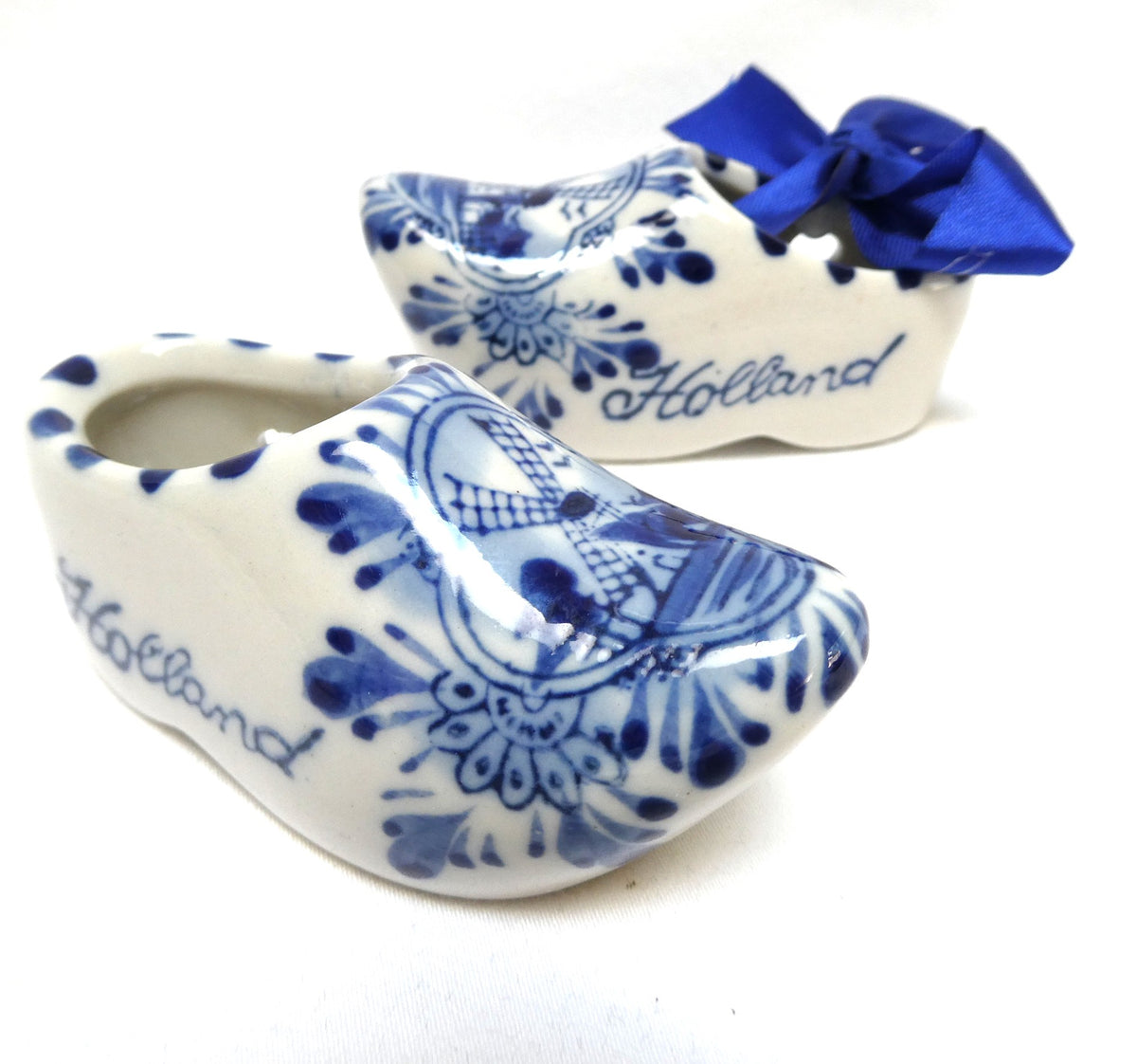 Vintage 3-Inch Pair of Ceramic Dutch Clogs by Delft of Holland, with Single Blue Ribbon